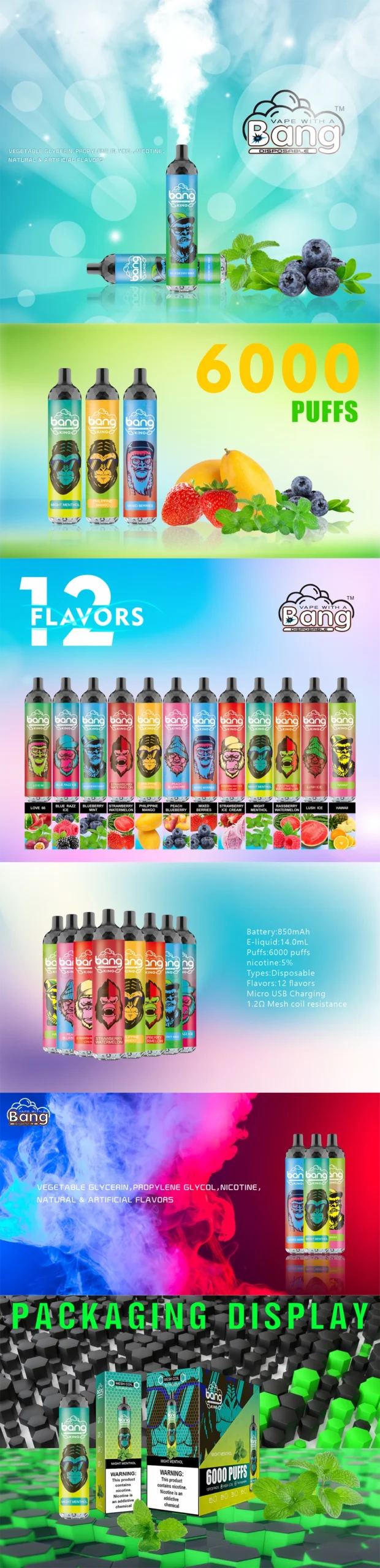 Bang King 6000 Puffs 0% 2% 3% 5% Nikotin Eldobható Pod Vape Nagyker - HelpVape - 1