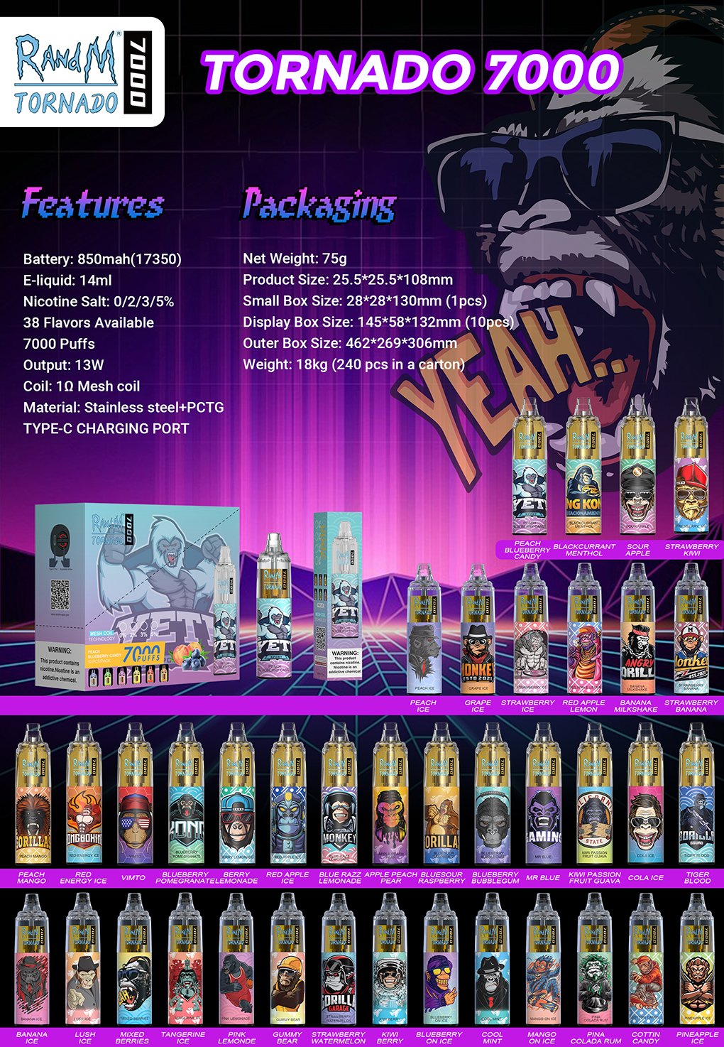 RandM Tornado 7000 Puffs 0% 2% 3% 5% Vape monouso alla nicotina all'ingrosso - HelpVape - 2