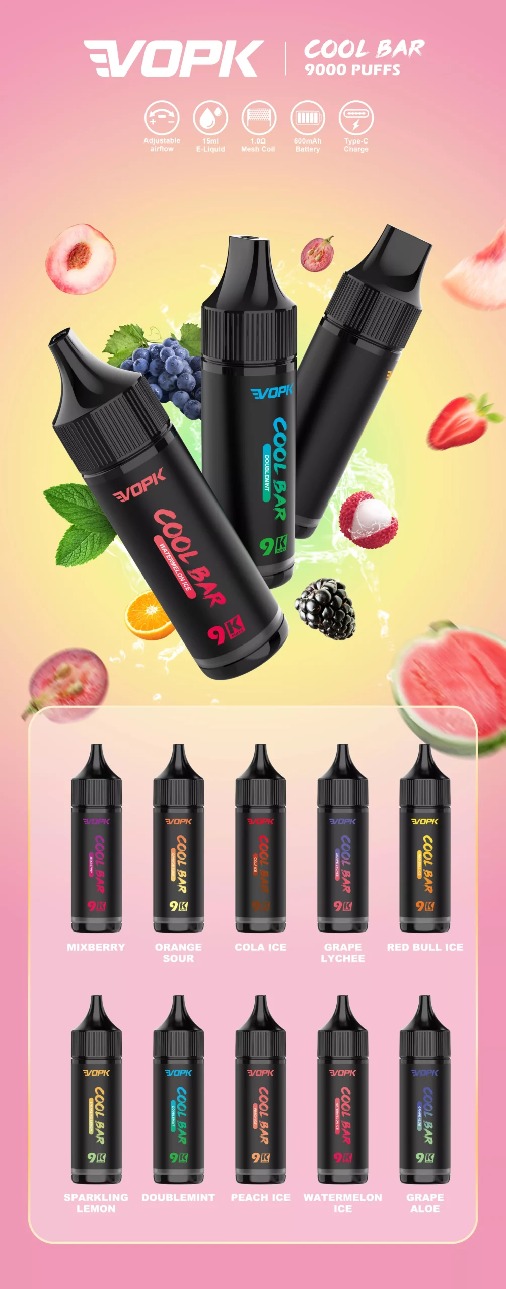 VOPK COOL BAR-9000 PUFFS 0% 2% 3% 5% Vape jetable à la nicotine en gros