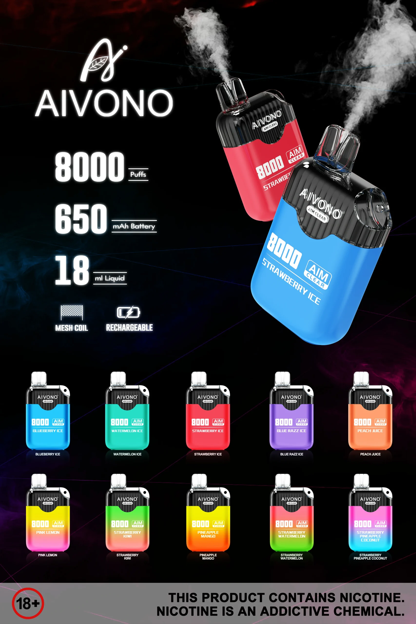 AIVONO AIM CLEAR 8000 Puffs 0% 2% 5% Penna per vapori usa e getta ricaricabile a basso contenuto di nicotina all'ingrosso Acquista all'ingrosso