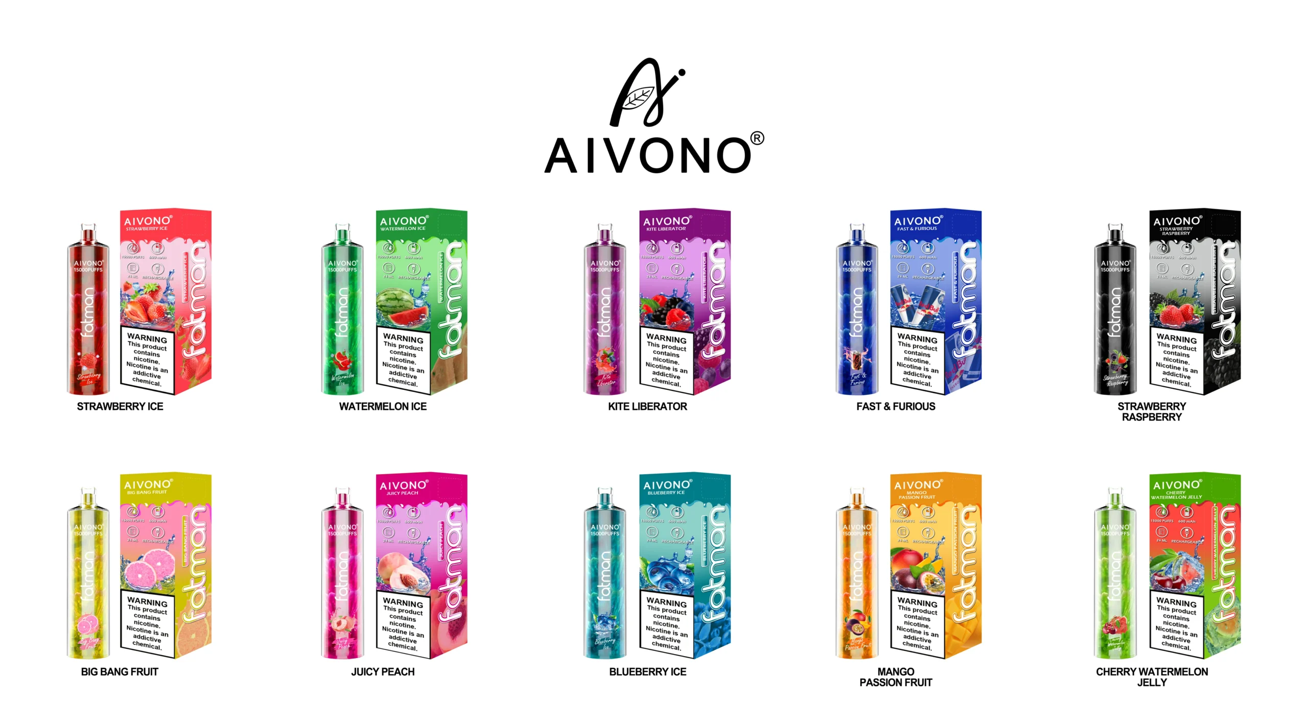 AIVONO FATMAN 15000 Puffs 0% 2% 3% 5% Penna per vapori usa e getta ricaricabile a basso contenuto di nicotina all'ingrosso Acquista all'ingrosso 20 AIVONO FATMAN 15000 Puffs 0% 2% 3% 5% Penna per vapori usa e getta ricaricabile a basso contenuto di nicotina all'ingrosso Acquista all'ingrosso