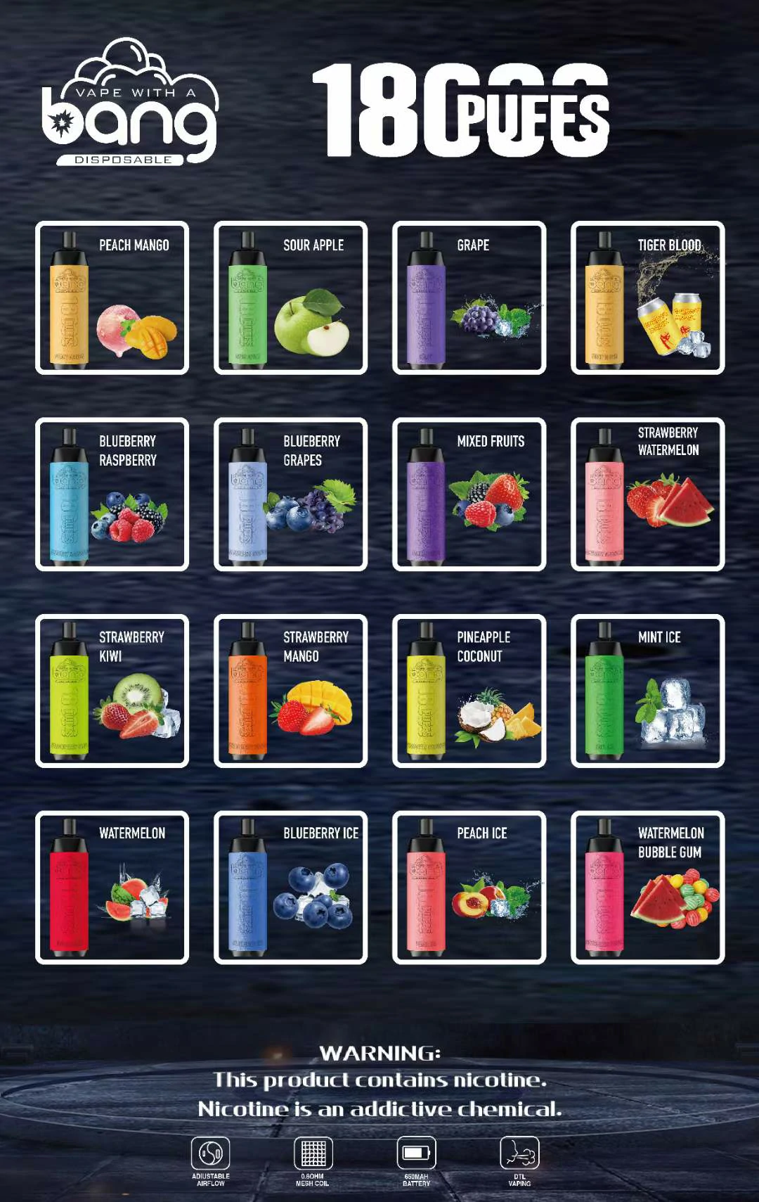 Bang Crown Bar 18000 Puffs 0% 2% 3% 5% Basso contenuto di nicotina Bulk Acquista penna per vaporizzatori usa e getta ricaricabile all'ingrosso