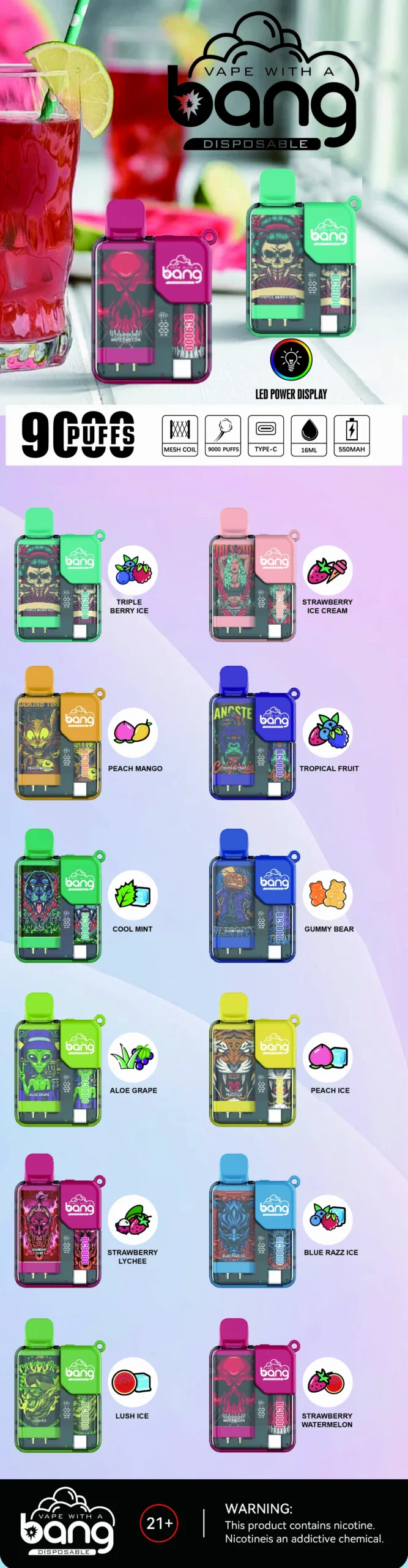 Bang BC 9000 Puffs 0% 2% 3% 5% Alacsony nikotintartalmú, újratölthető, eldobható Vapes toll Tömeges vásárlás Nagyker
