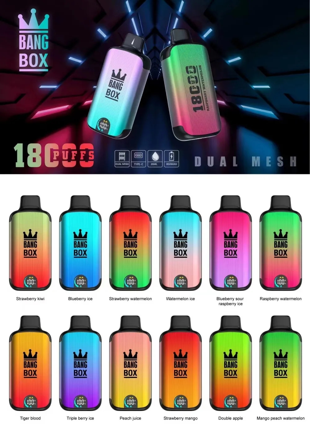Bang Box 18000 sbuffi Display a LED Schermo 0% 2% 3% 5% Nicotina sfusa Acquista vaporizzatori usa e getta all'ingrosso