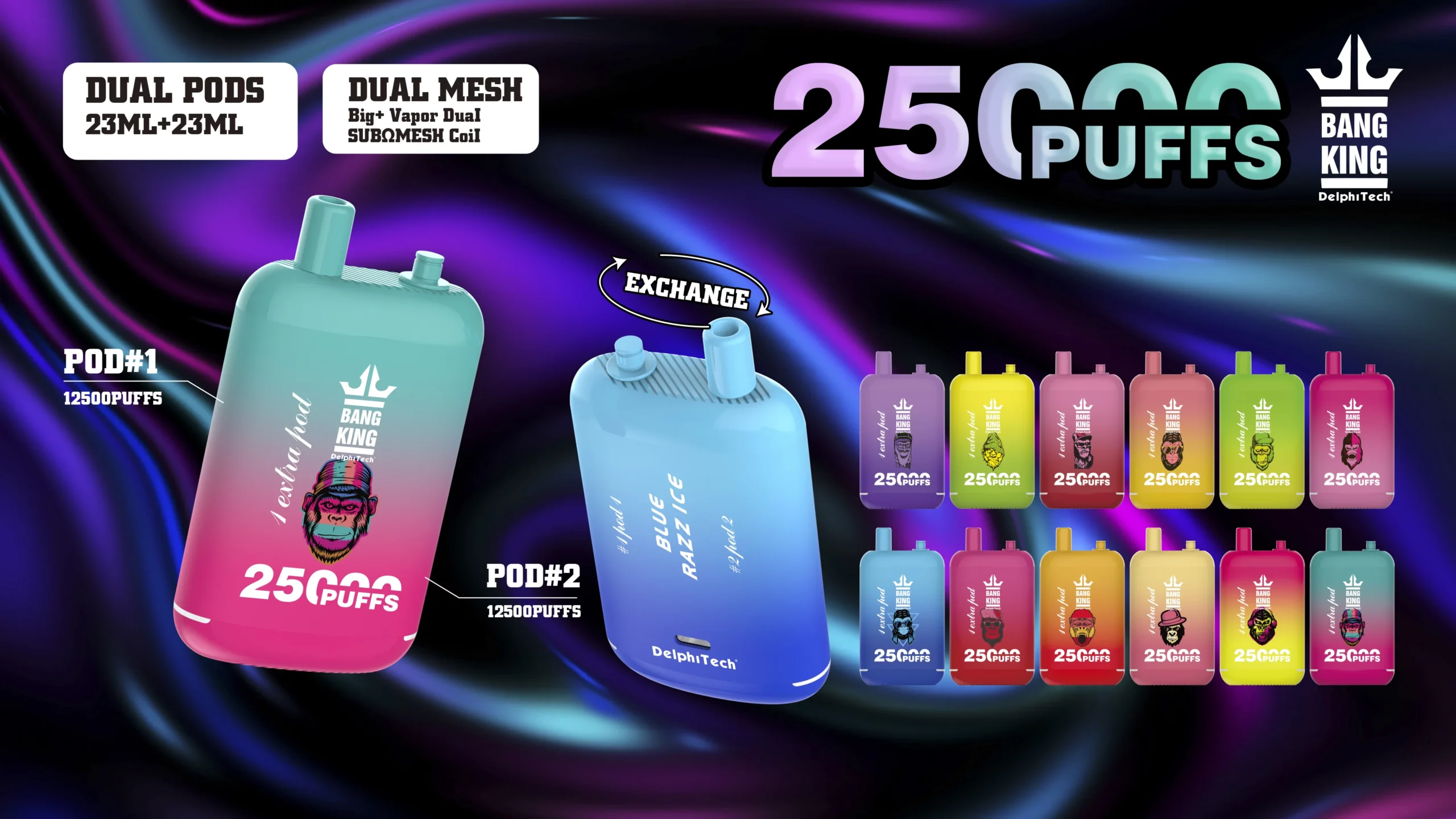 Bang King 25000 Puffs Dual Pods 0% 2% 3% 5% Alacsony nikotintartalmú újratölthető, eldobható Vapes Pen Tömeges vásárlás Nagyker
