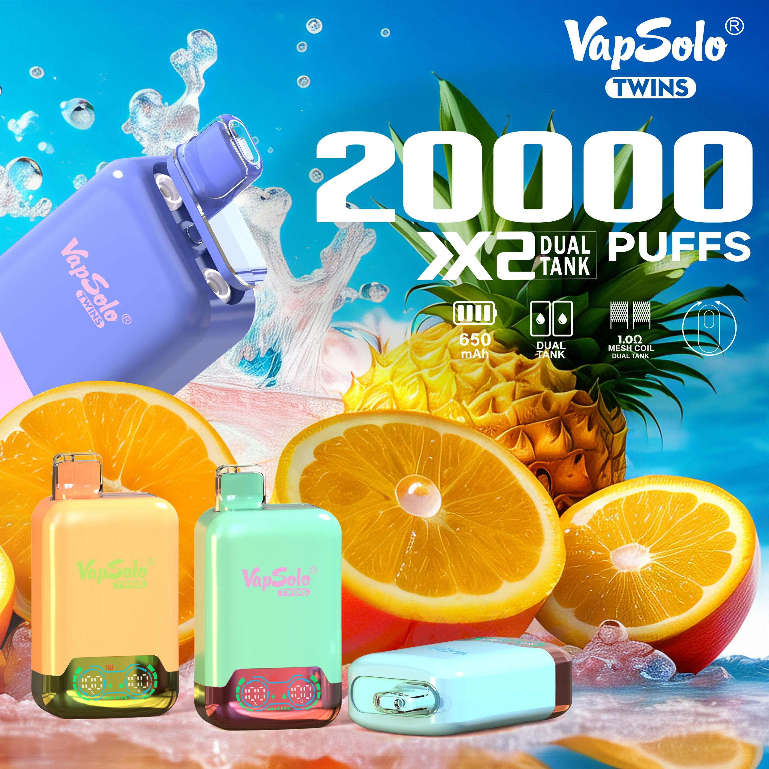 VapSolo Twins 20000 Rookwolken 2% 5% Oplaadbare wegwerpvapes-pen met laag nicotinegehalte Bulk Koop groothandel