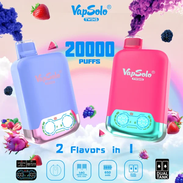 VapSolo Twins 20000 Puffs 2% 5% Перезаряжаемые одноразовые вейпы-ручки с низким содержанием никотина, оптовая покупка оптом - HelpVape - 1