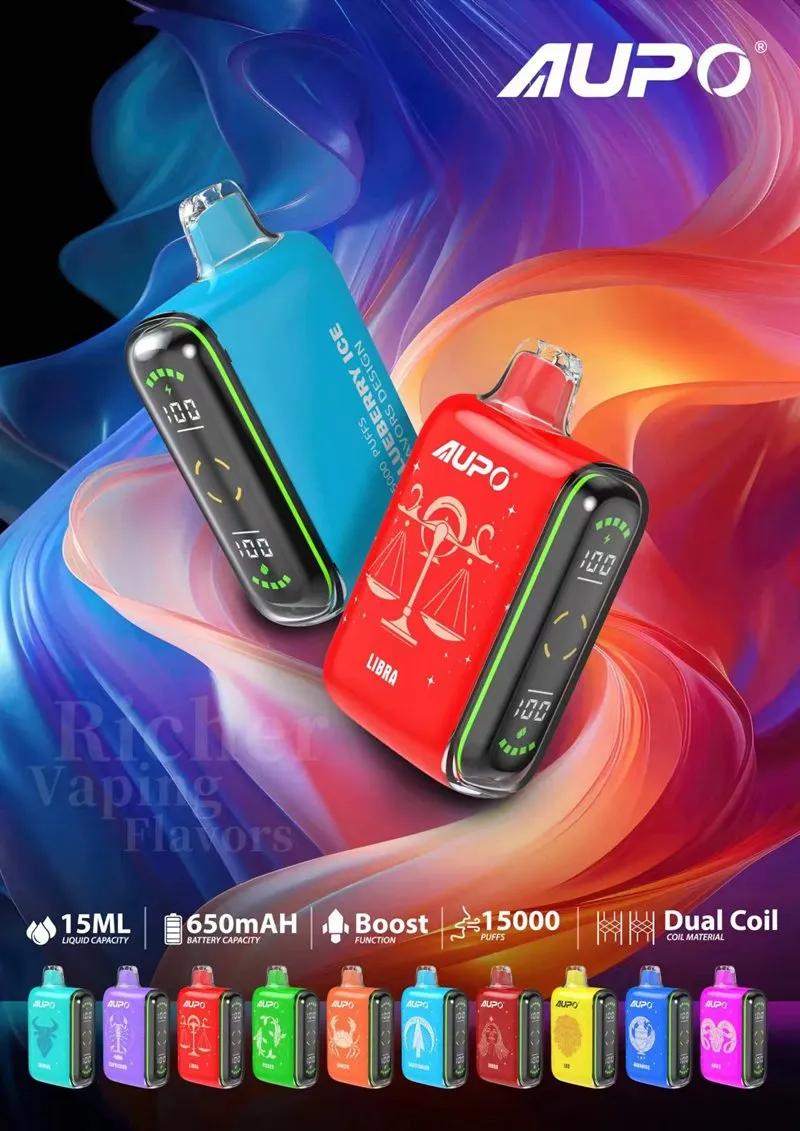 AUPO 15000 Puffs Dual Mesh LED kijelző 2% Alacsony nikotintartalmú Újratölthető Eldobható Vapes Pen Tömeges Vásárlás Nagyker