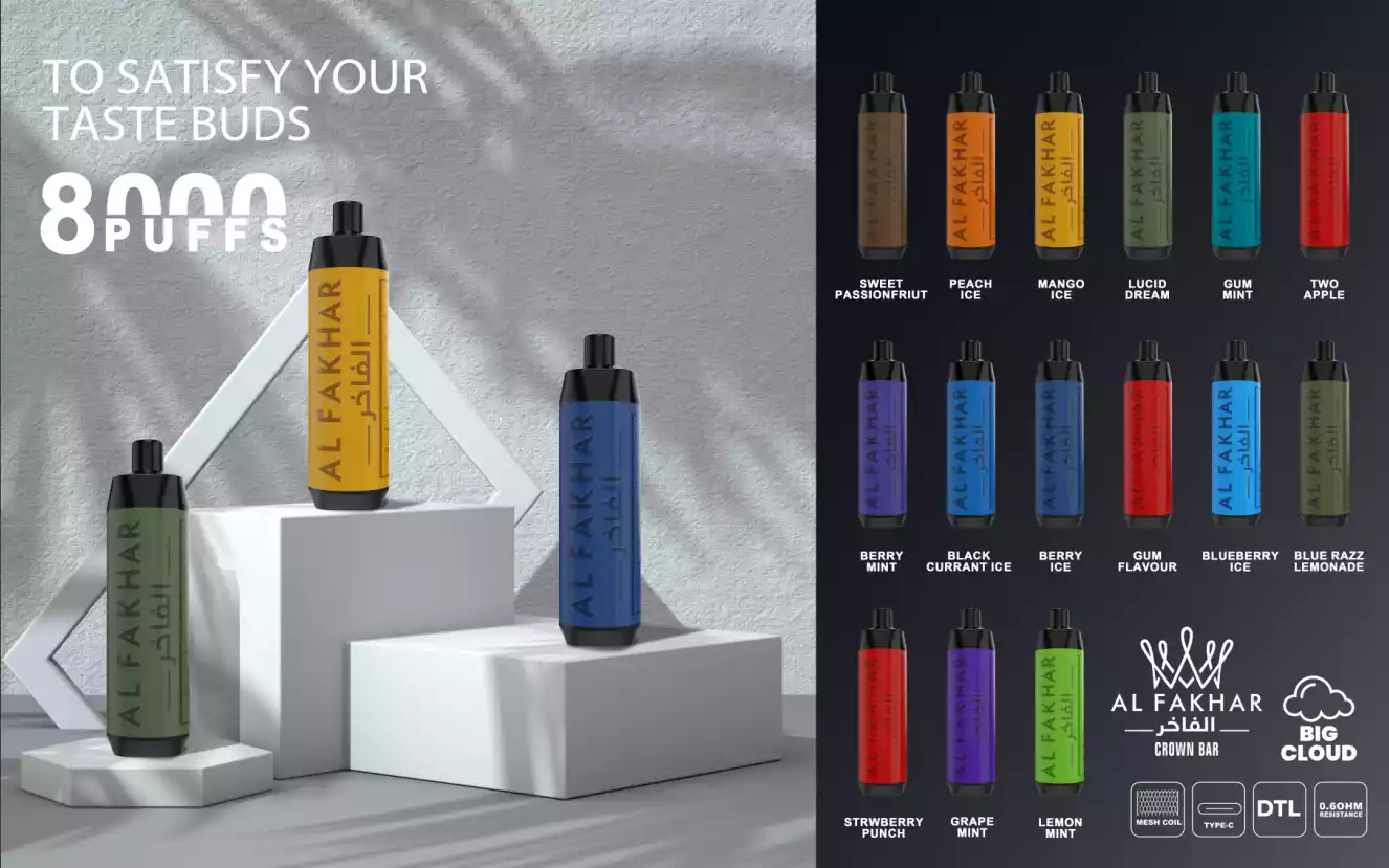 Al Fakhar Crown Bar 8000 Puffs Big Cloud DTL 2% Penna per vapori usa e getta ricaricabile a basso contenuto di nicotina all'ingrosso Acquista all'ingrosso