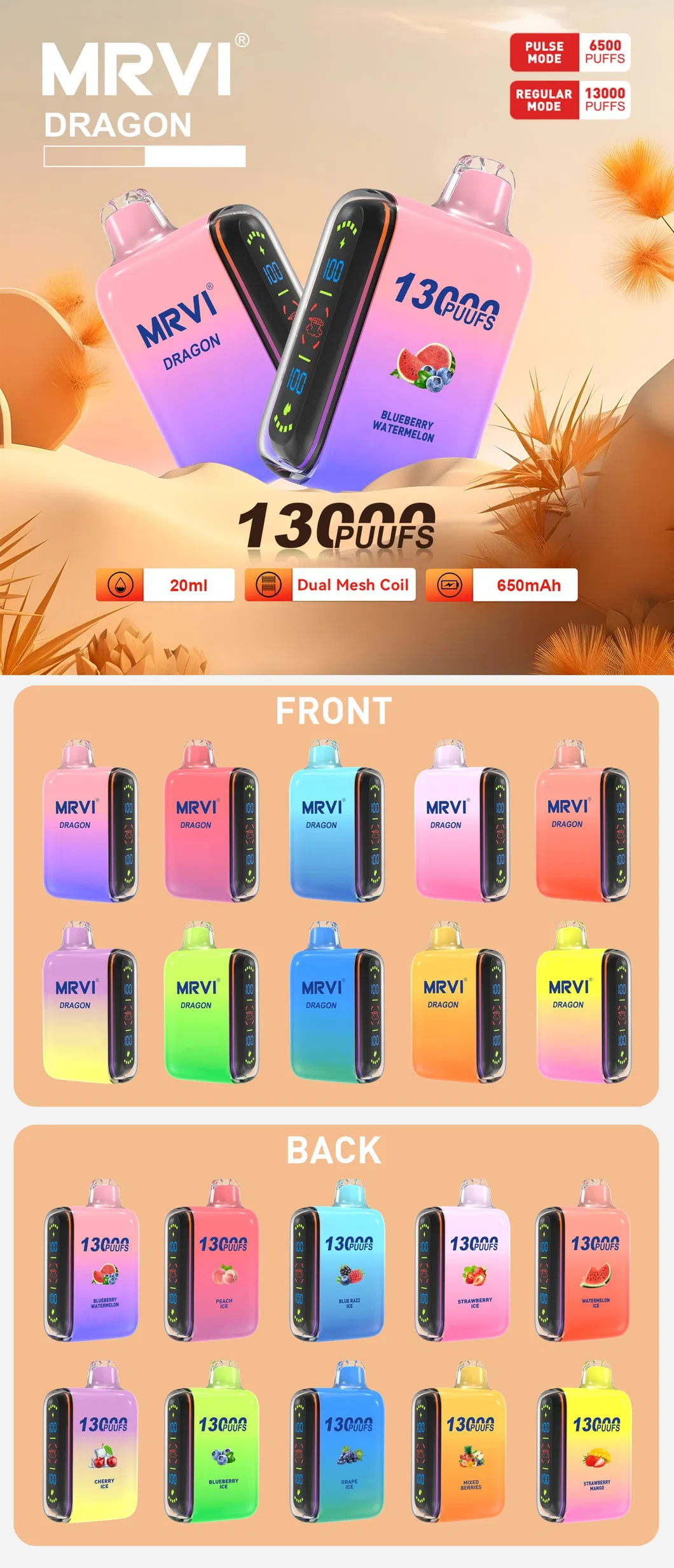 MRVI Dragon 13000 Puffs Écran numérique à double maille 2% 5% Stylo à vape jetable rechargeable à faible teneur en nicotine Acheter en gros