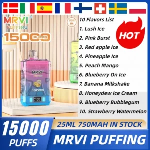 MRVI Puffing 15000 Puffs Двойная сетка с цифровым экраном 2% 5% Перезаряжаемая одноразовая ручка для вейпов с низким содержанием никотина Купить оптом оптом