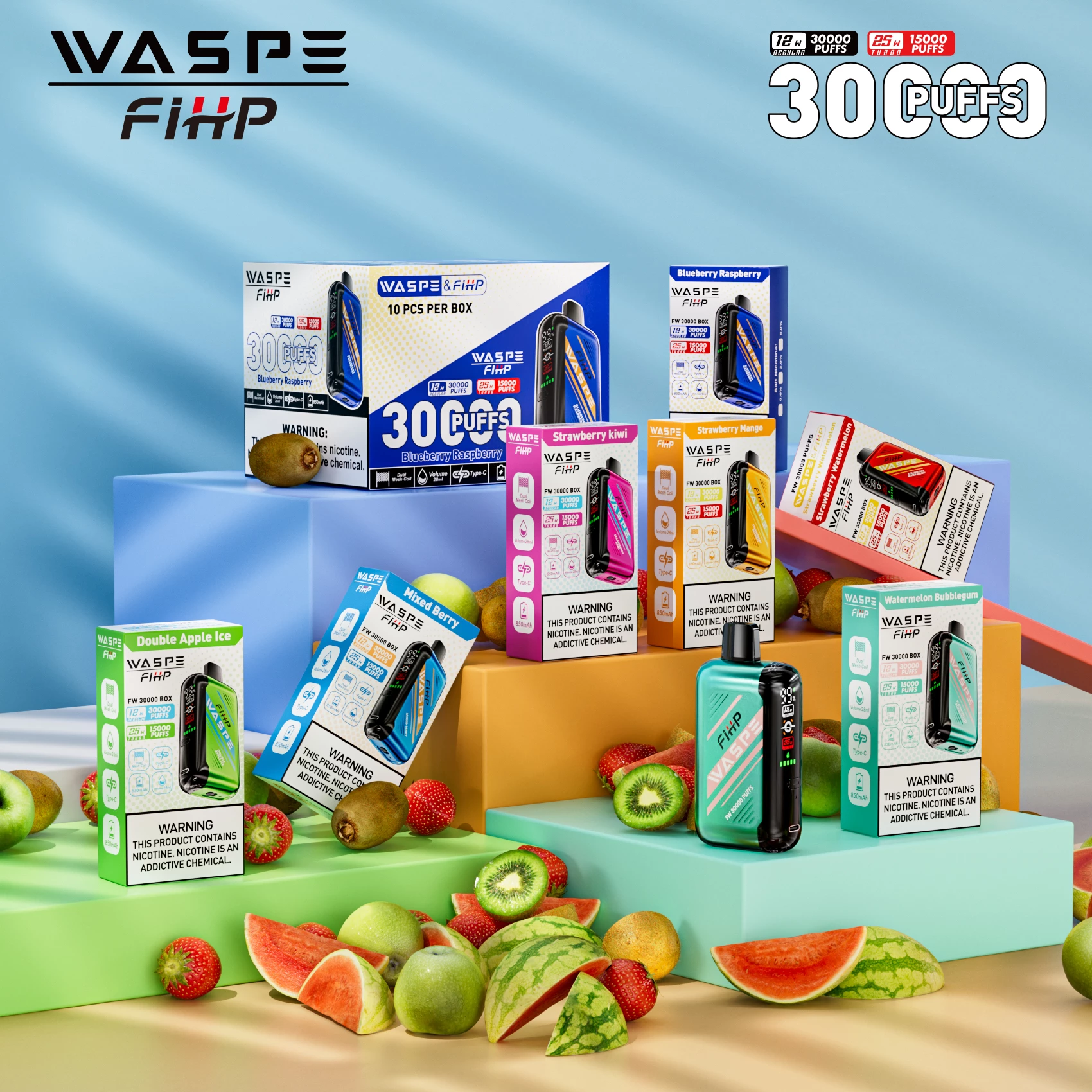 WASPE FIHP 30000 Puffs Dual Mesh 0% 2% 5% Display LED Low Nicotina Reîncărcabil Vapes Pen Vrac Cumpărați cu ridicata