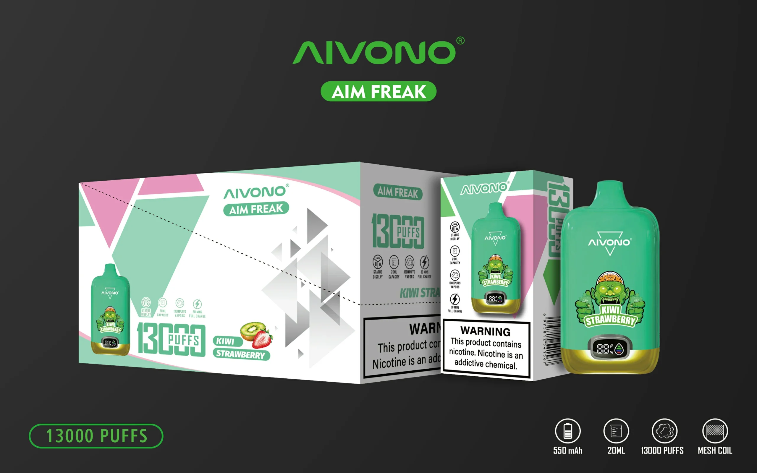 AIVONO AIM FREAK 13000 Puffs Écran numérique 0% 2% 3% 5% Stylo à vape jetable rechargeable à faible teneur en nicotine en vrac Acheter en gros