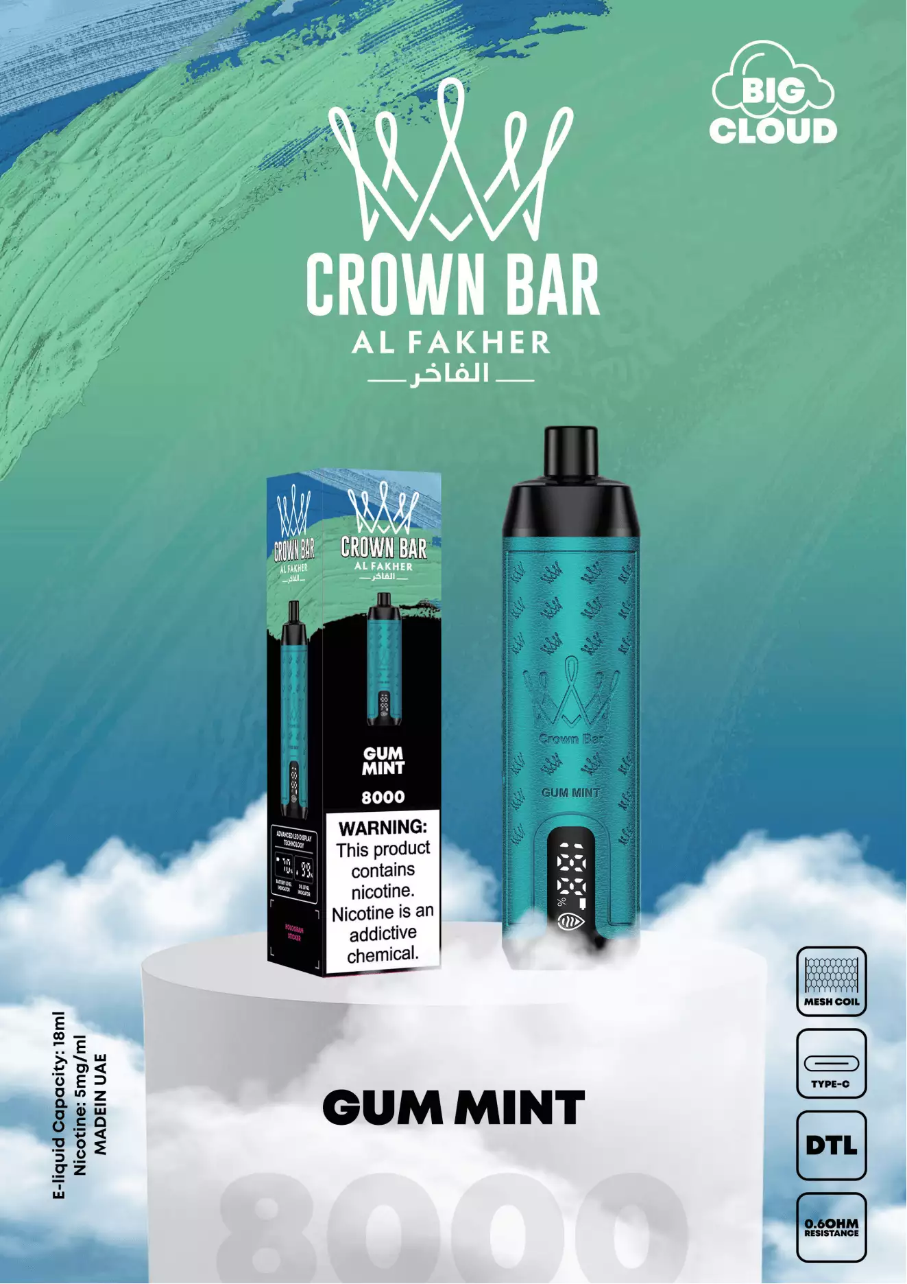 Al Fakher Crown Bar Pro 8000 Puffs Display a LED Schermo a basso contenuto di nicotina Ricaricabile per vaporizzatori usa e getta all'ingrosso Acquista all'ingrosso